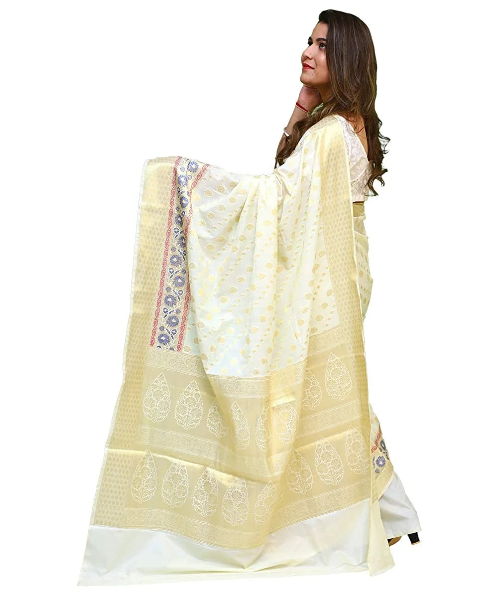 Women’s Banarasi Silk White Saree with Blouse Piece