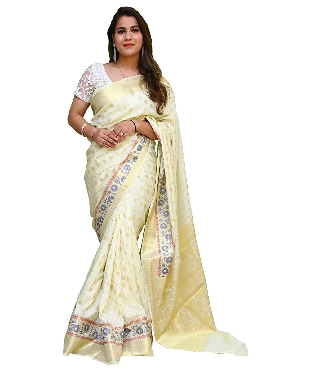 Women’s Banarasi Silk White Saree with Blouse Piece