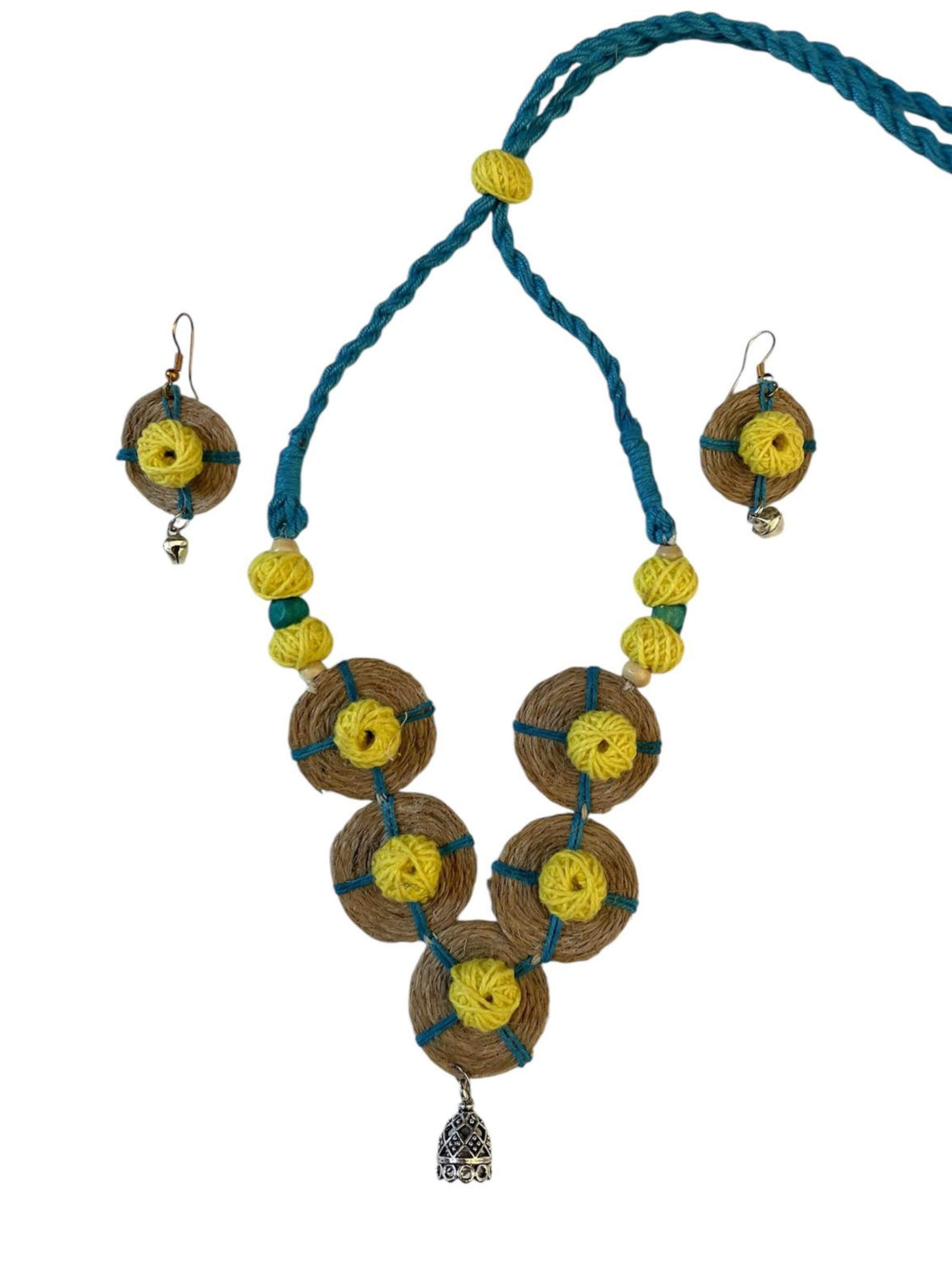 Eco-friendly Handmade Yellow Blue coin necklace set || Jute Jewelry Set || Beach Wedding Jewelry for Bride