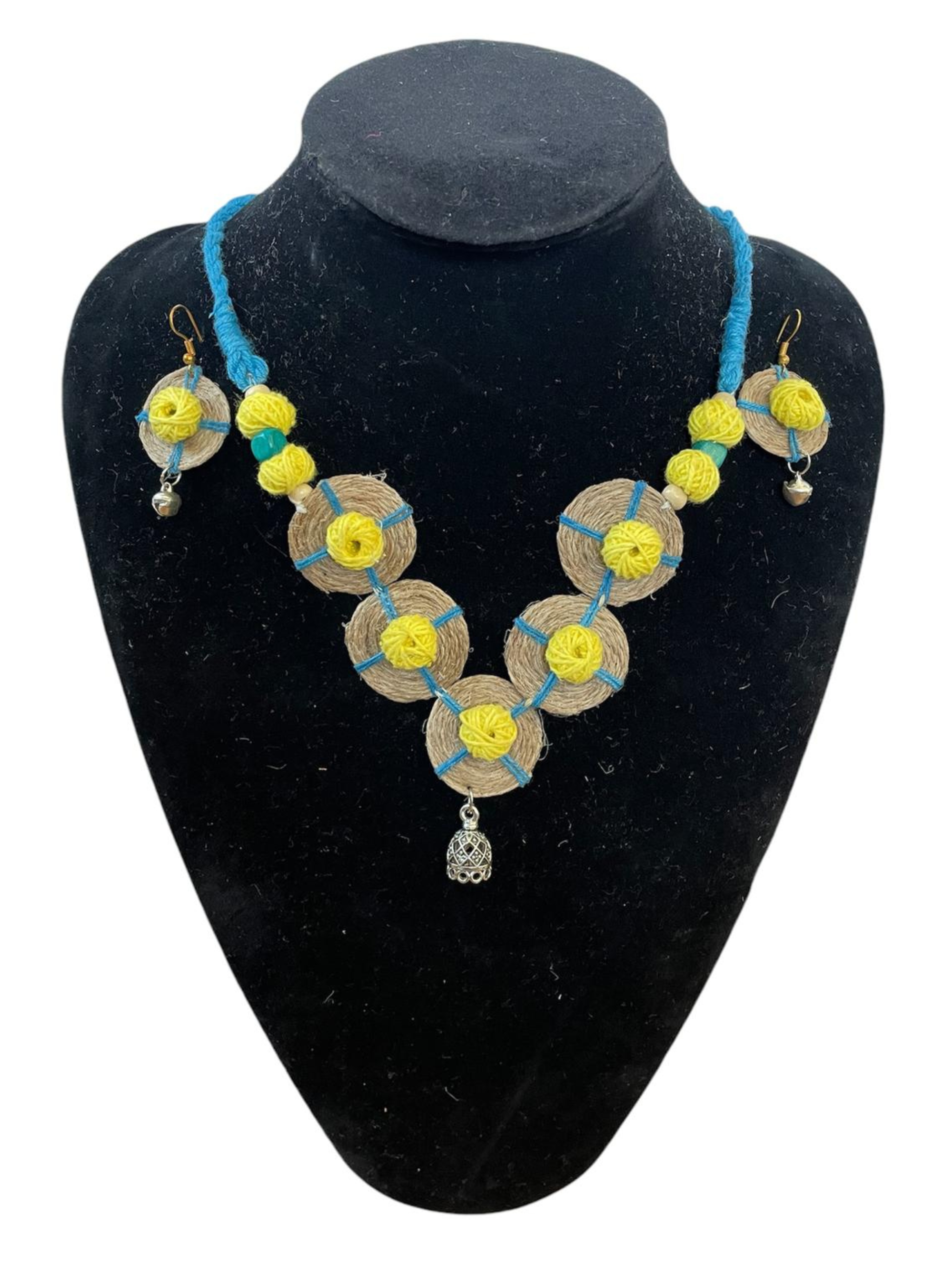 Eco-friendly Handmade Yellow Blue coin necklace set || Jute Jewelry Set || Beach Wedding Jewelry for Bride