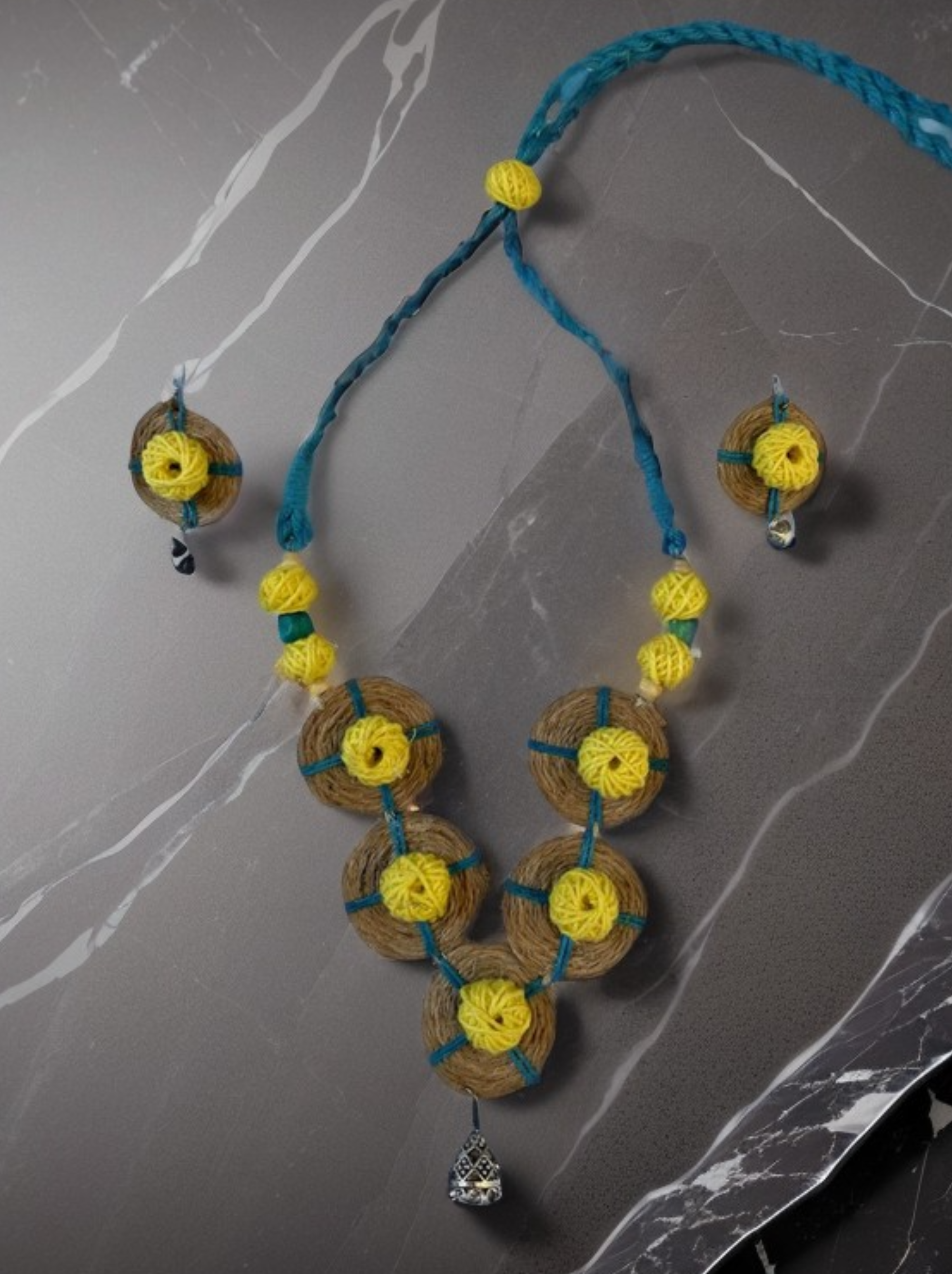 Eco-friendly Handmade Yellow Blue coin necklace set || Jute Jewelry Set || Beach Wedding Jewelry for Bride