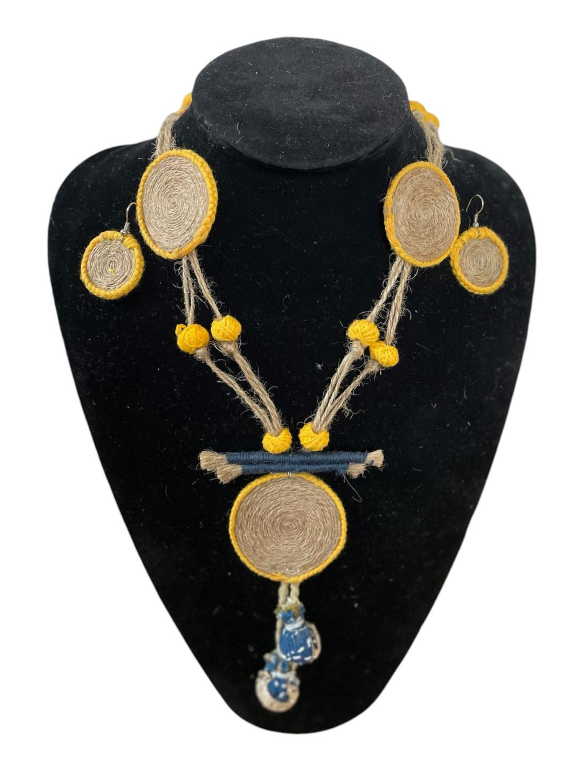 Eco-friendly Handmade Yellow Coin shape Necklace set || Jute Jewelry Set || Beach Wedding Jewelry for Bride