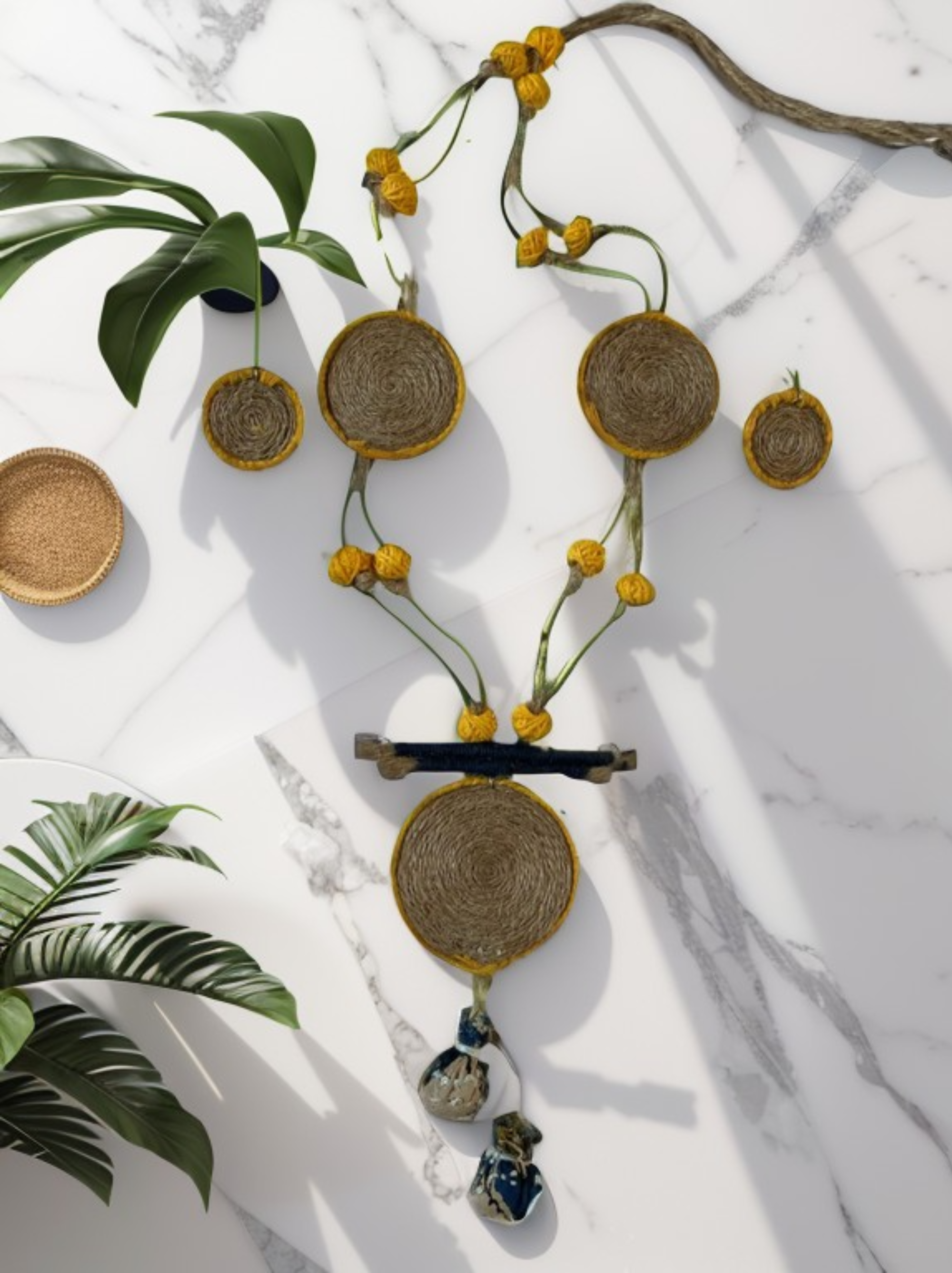 Eco-friendly Handmade Yellow Coin shape Necklace set || Jute Jewelry Set || Beach Wedding Jewelry for Bride