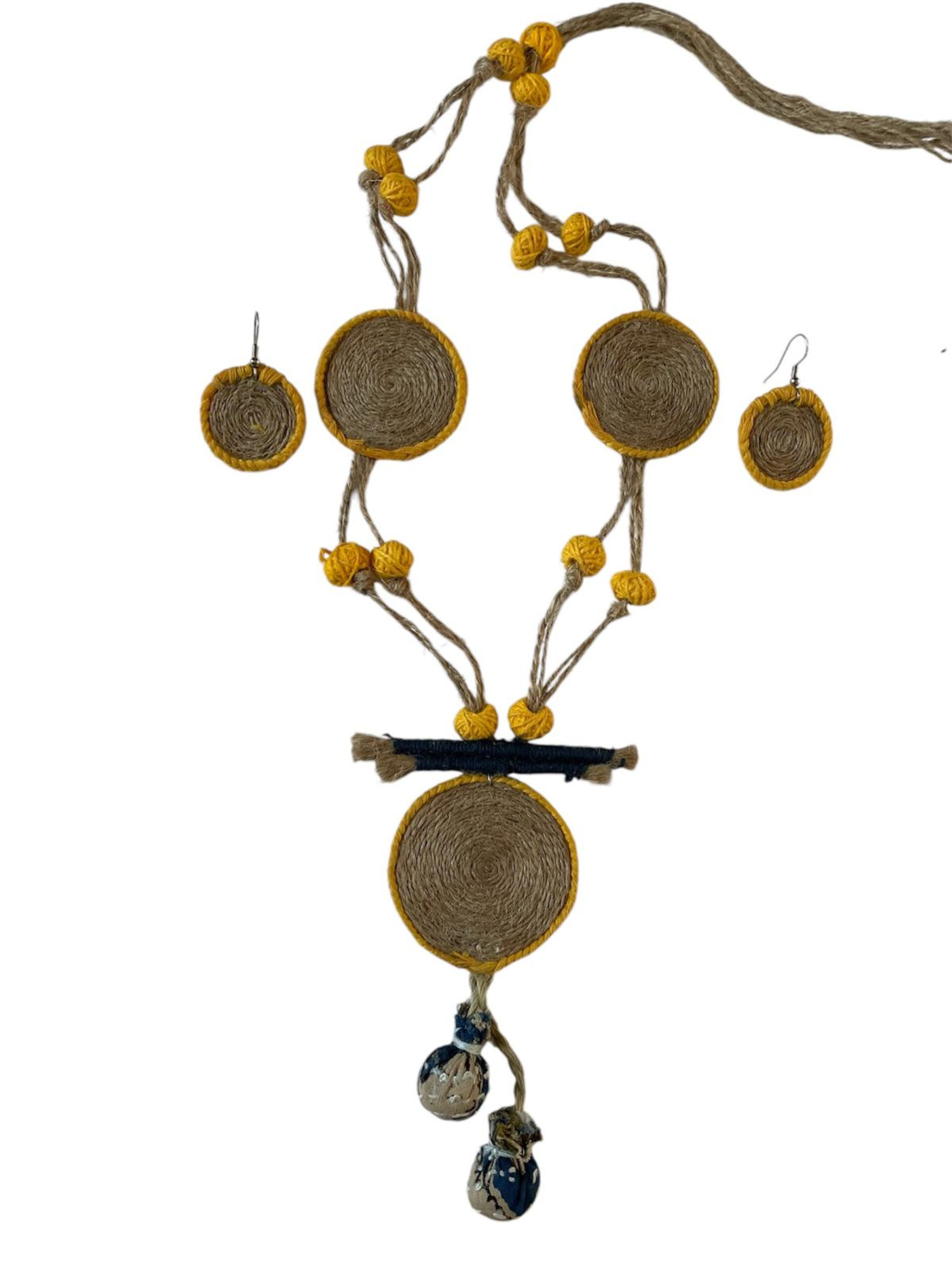 Eco-friendly Handmade Yellow Coin shape Necklace set || Jute Jewelry Set || Beach Wedding Jewelry for Bride