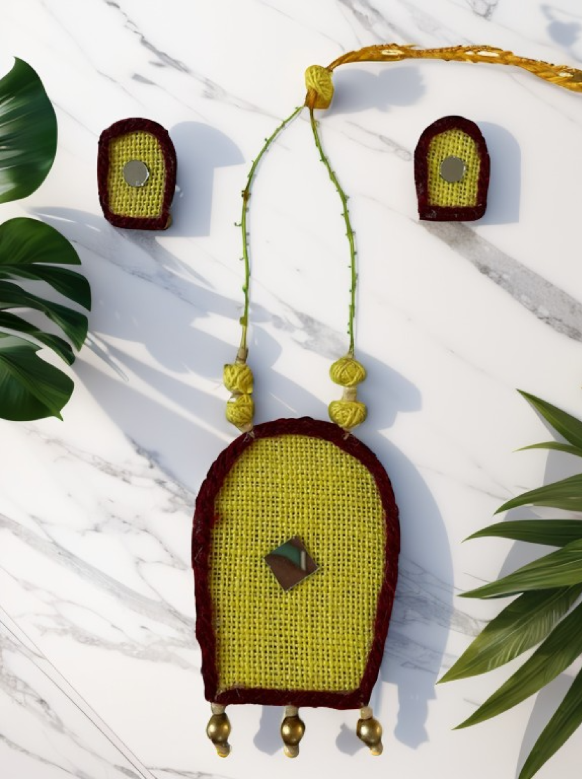 Eco-friendly Handmade Yellow Robot shaped necklace set || Jute Jewelry Set || Beach Wedding Jewelry for Bride