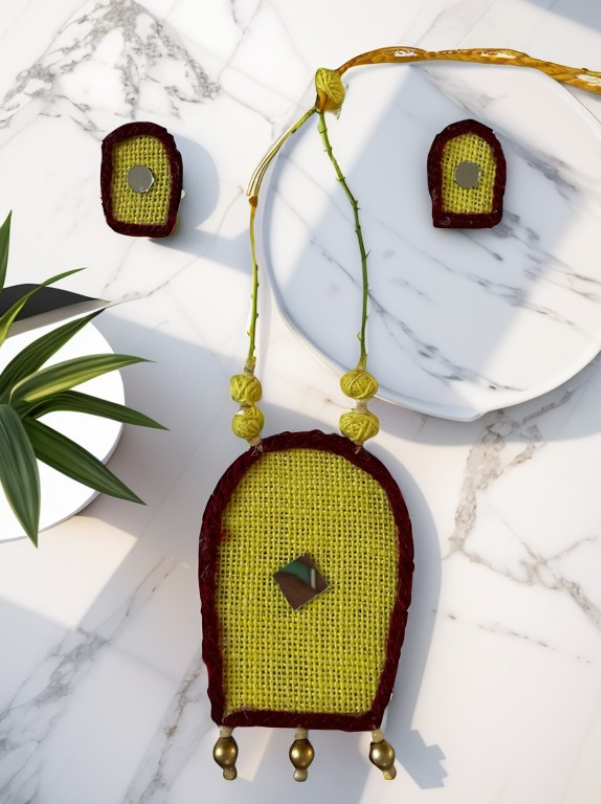 Eco-friendly Handmade Yellow Robot shaped necklace set || Jute Jewelry Set || Beach Wedding Jewelry for Bride