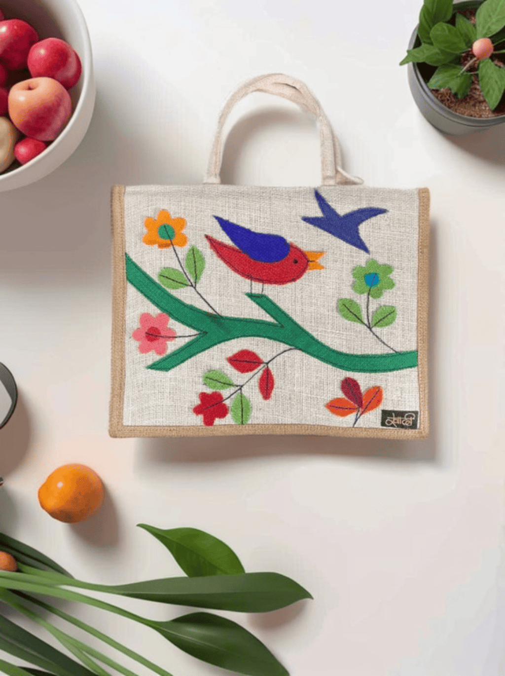 Eco-Friendly Flower & Bird Stitched Burlap Tote Bag