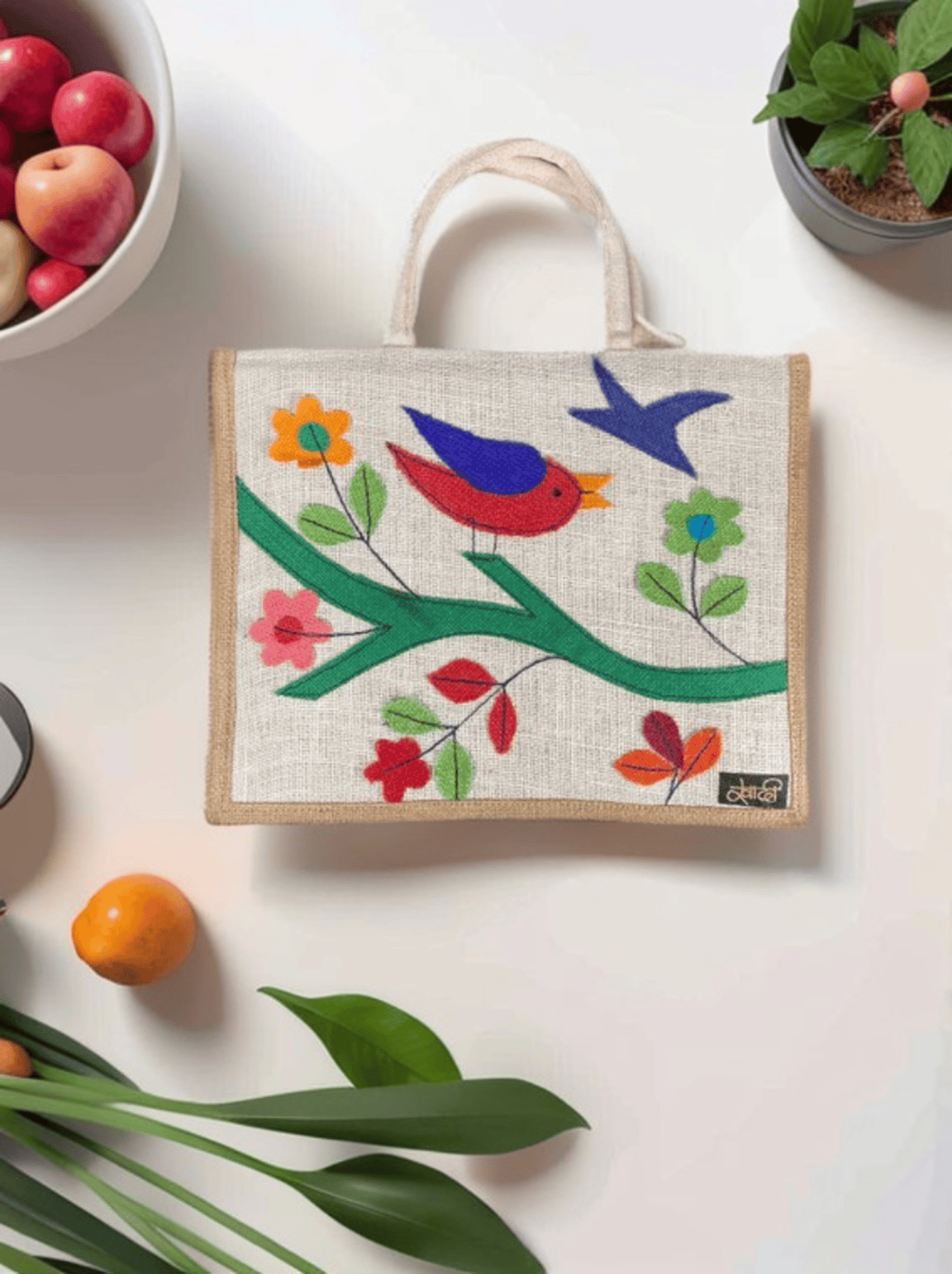 Eco-Friendly Flower & Bird Stitched Burlap Tote Bag